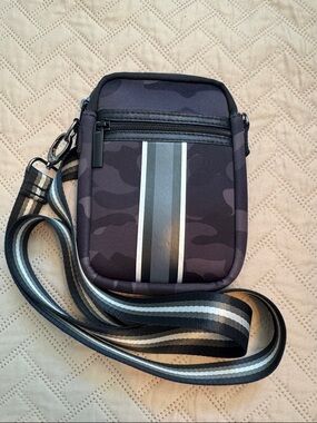 Black Camo Crossbody neoprene Bag with Striped Detail